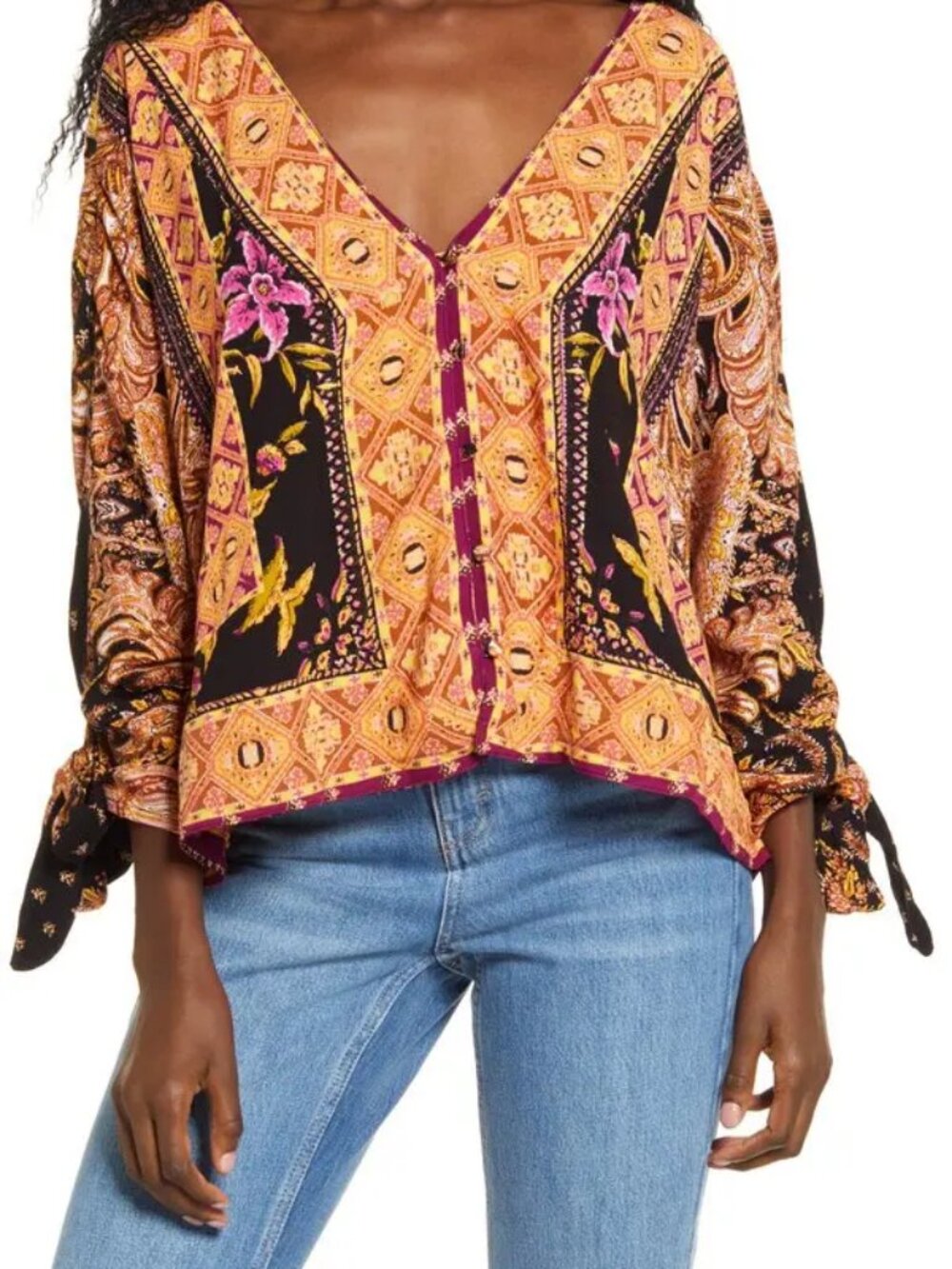 Free People Catch Me If You Can Top, Orange & Black Paisley, size S
